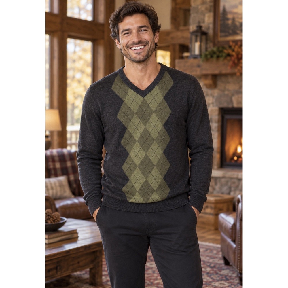 Davis & Squire Sweater 100% Extra Fine Merino Wool Mens XL Gray Argyle Diamond